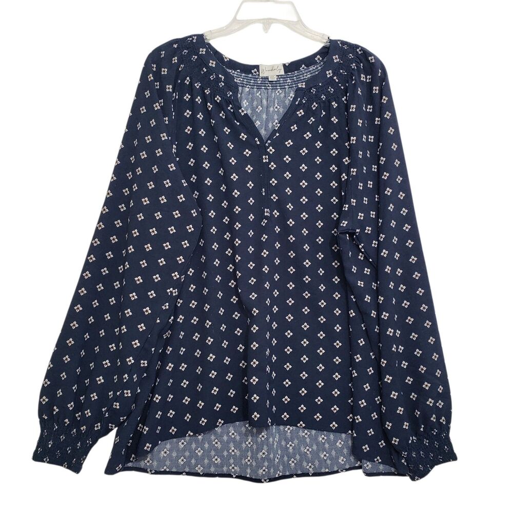 Wonderly Women's XXL Pullover V-neck Navy Long Sleeve Blouse